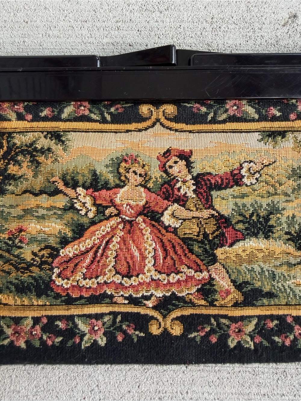 Vintage Tapestry Clutch Purse Romantic Couple Scene Bakelite Style Frame